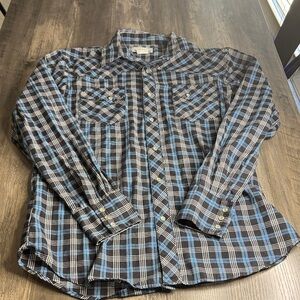 Wrangler Wrancher Black and Blue Plaid Pearl Snap Button Down Shirt